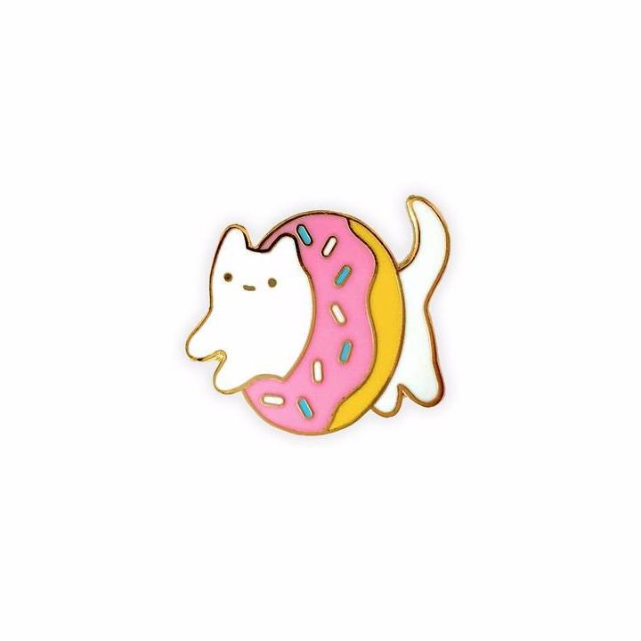 kitten cute kawaii jumping through a pink sprinkle doughnut lapel pin badge