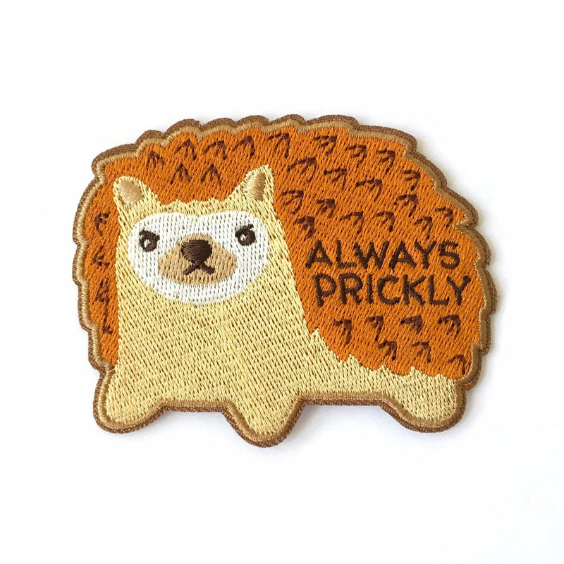 cute grumpy hedgehog embroidered patch with text always prickly